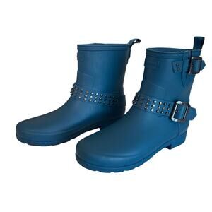 Hunter Rain Boots Short Studded Buckle Teal Blue Size 6 Waterproof Ankle Boots